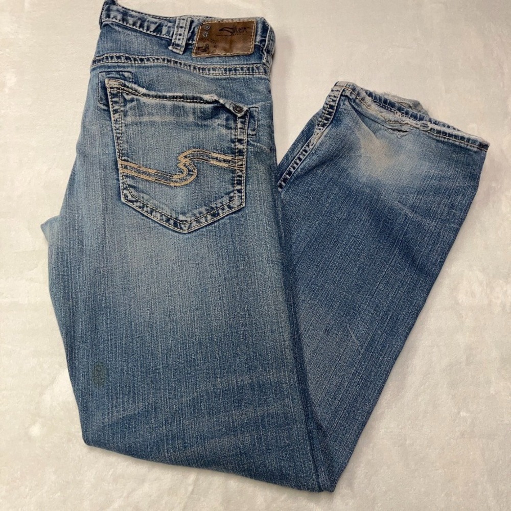 Silver Jeans Zac Men's 34x34 Straight Blue Faded Western Blue Denim Thick Stitch